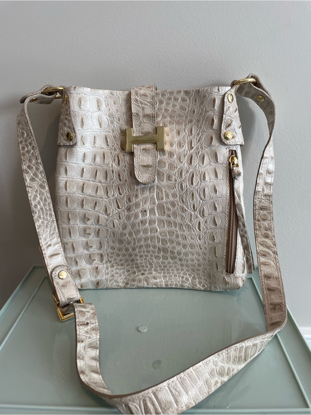 Cream Croc Leather Crossbody Bag